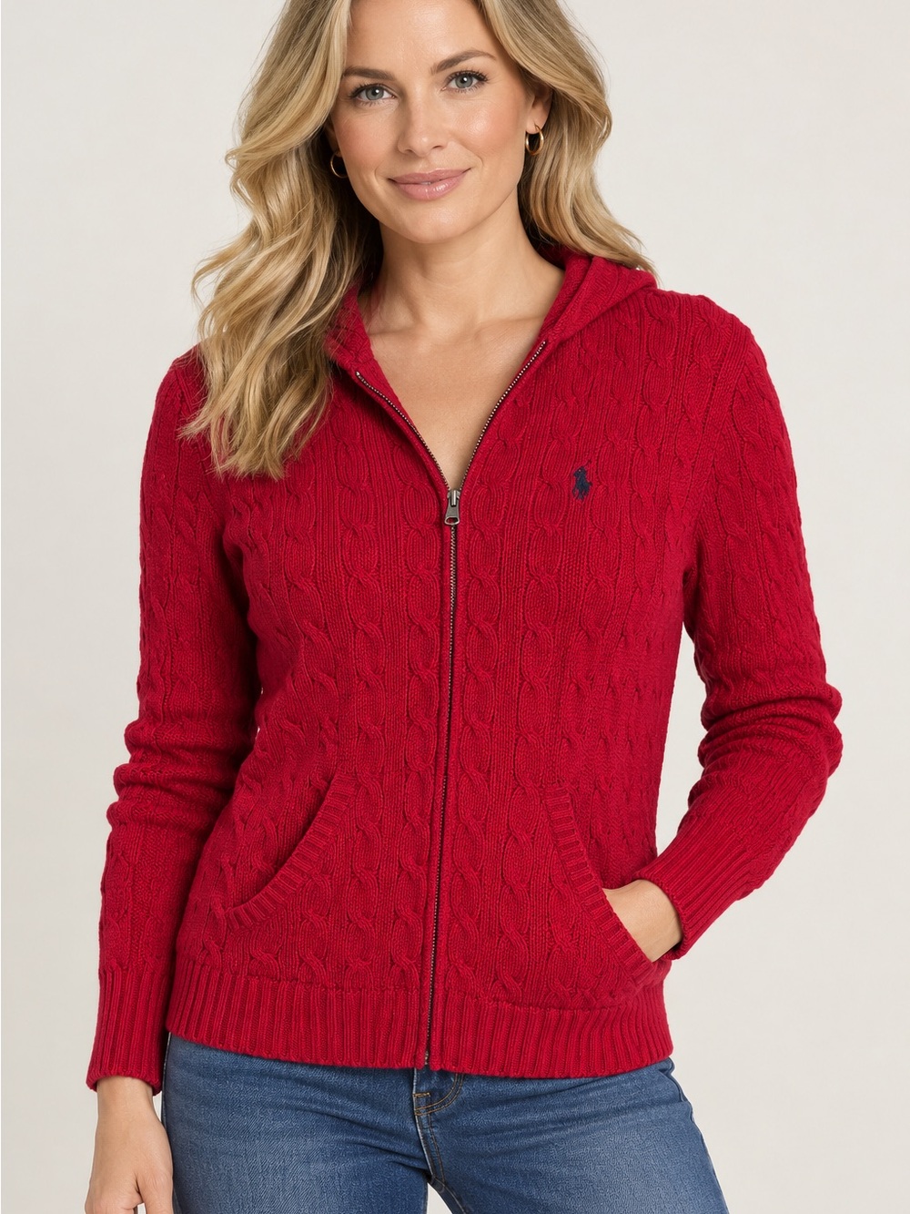 Ralph Lauren Sport Cotton Cable Knit Zip-Up Hooded Cardigan Sweater Red